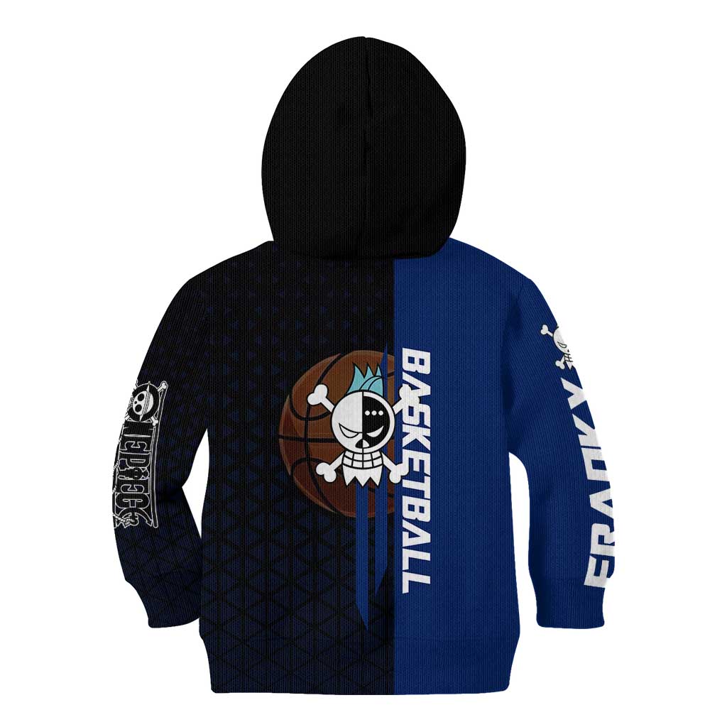 Franky One Piece Basketball Crossover Design Kid Hoodie with Blue Uniform and Mechanical Arm Action Pose - The Mazicc