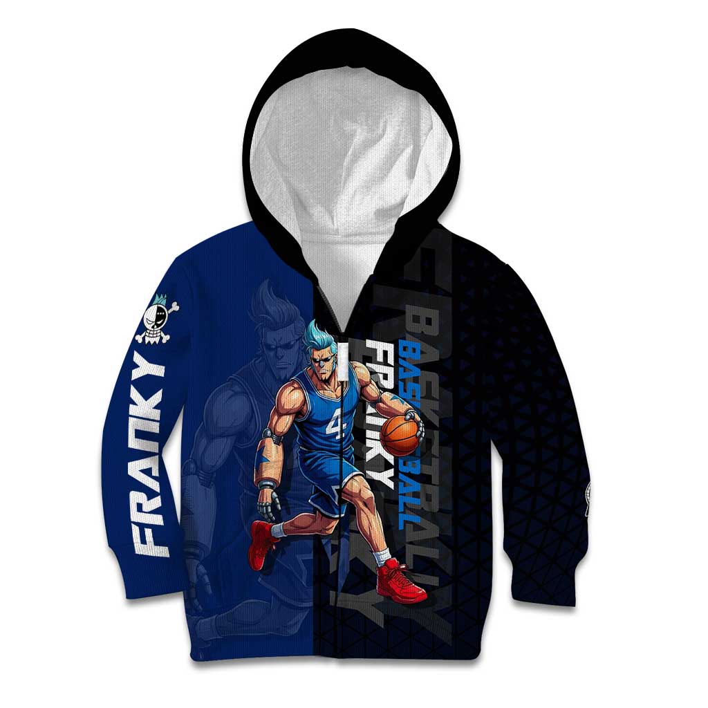 Franky One Piece Basketball Crossover Design Kid Hoodie with Blue Uniform and Mechanical Arm Action Pose - The Mazicc