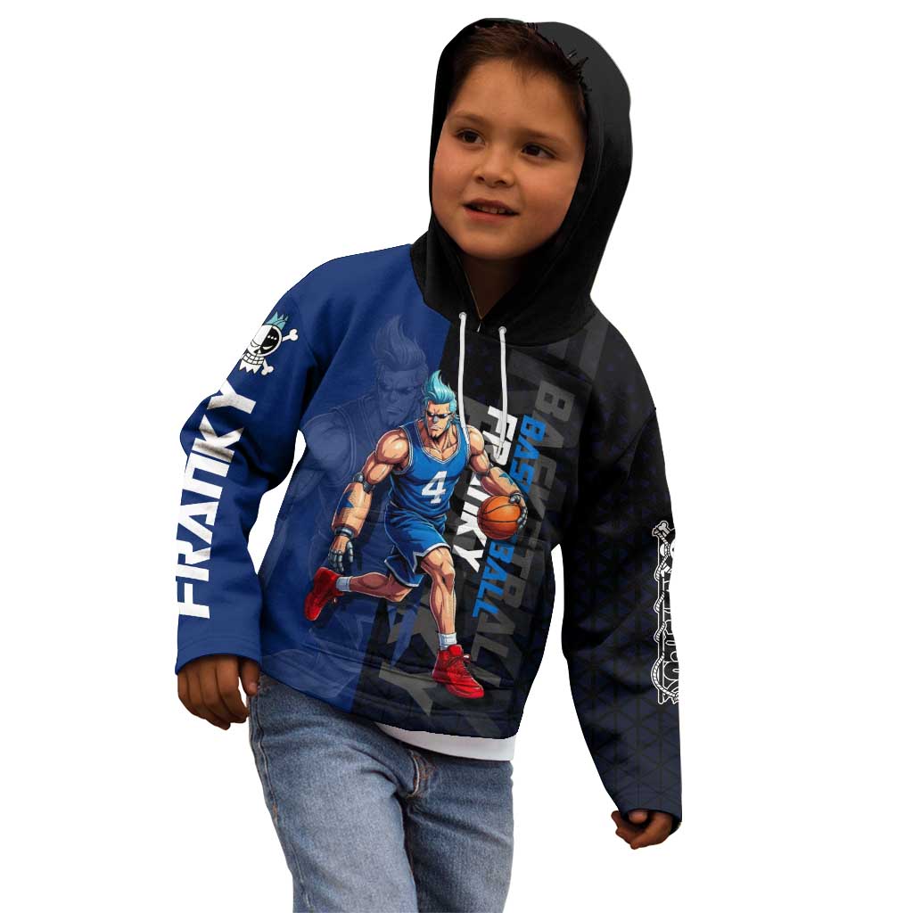 Franky One Piece Basketball Crossover Design Kid Hoodie with Blue Uniform and Mechanical Arm Action Pose - The Mazicc