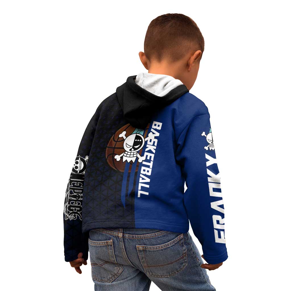 Franky One Piece Basketball Crossover Design Kid Hoodie with Blue Uniform and Mechanical Arm Action Pose - The Mazicc