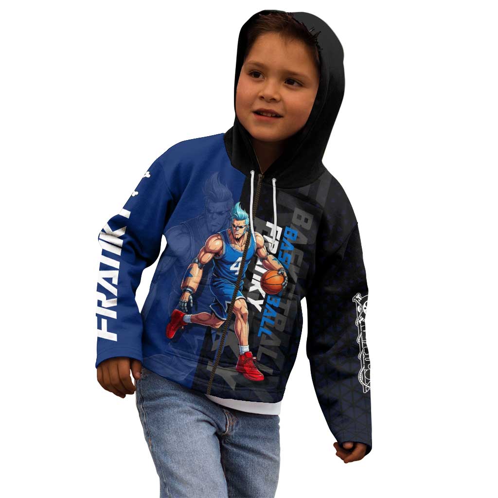 Franky One Piece Basketball Crossover Design Kid Hoodie with Blue Uniform and Mechanical Arm Action Pose - The Mazicc