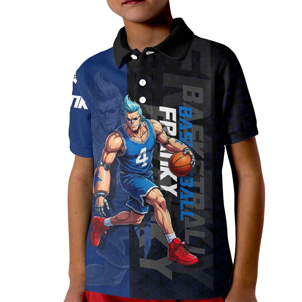 Franky One Piece Basketball Crossover Design Kid Polo Shirt with Blue Uniform and Mechanical Arm Action Pose - The Mazicc