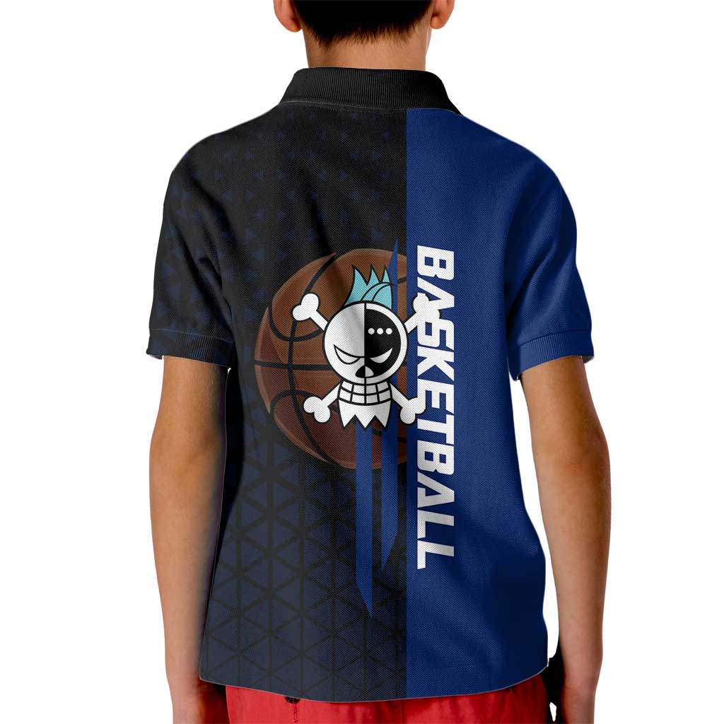 Franky One Piece Basketball Crossover Design Kid Polo Shirt with Blue Uniform and Mechanical Arm Action Pose - The Mazicc