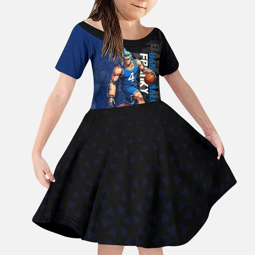 Franky One Piece Basketball Crossover Design Kid Short Sleeve Dress with Blue Uniform and Mechanical Arm Action Pose - The Mazicc