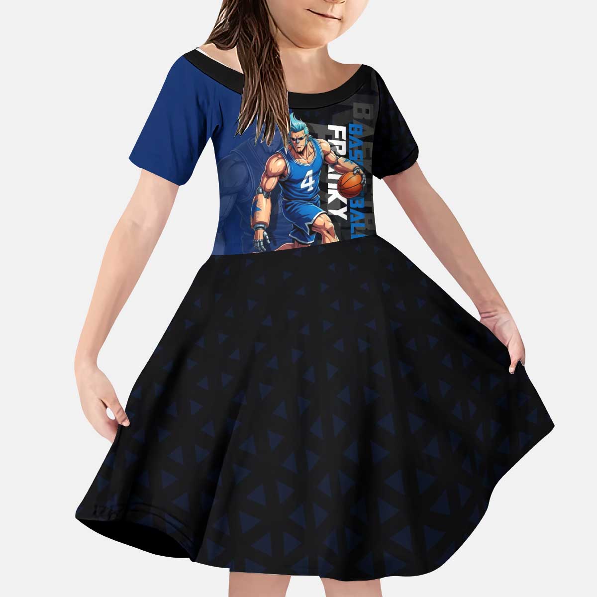 Franky One Piece Basketball Crossover Design Kid Short Sleeve Dress with Blue Uniform and Mechanical Arm Action Pose - The Mazicc