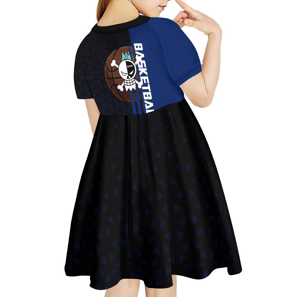 Franky One Piece Basketball Crossover Design Kid Short Sleeve Dress with Blue Uniform and Mechanical Arm Action Pose - The Mazicc