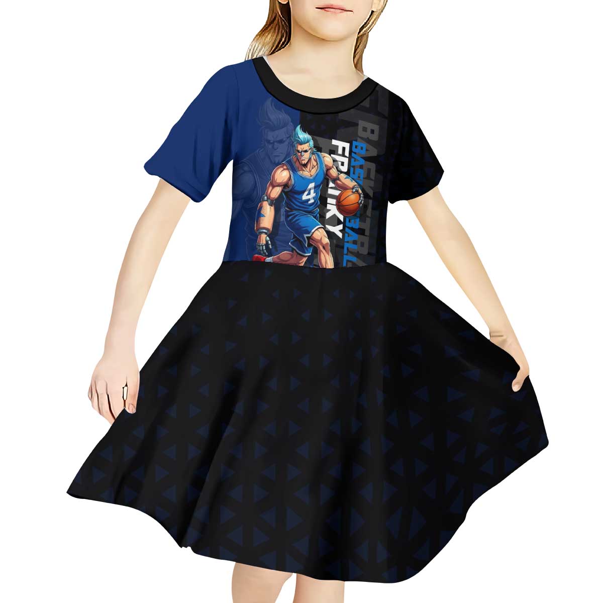 Franky One Piece Basketball Crossover Design Kid Short Sleeve Dress with Blue Uniform and Mechanical Arm Action Pose - The Mazicc