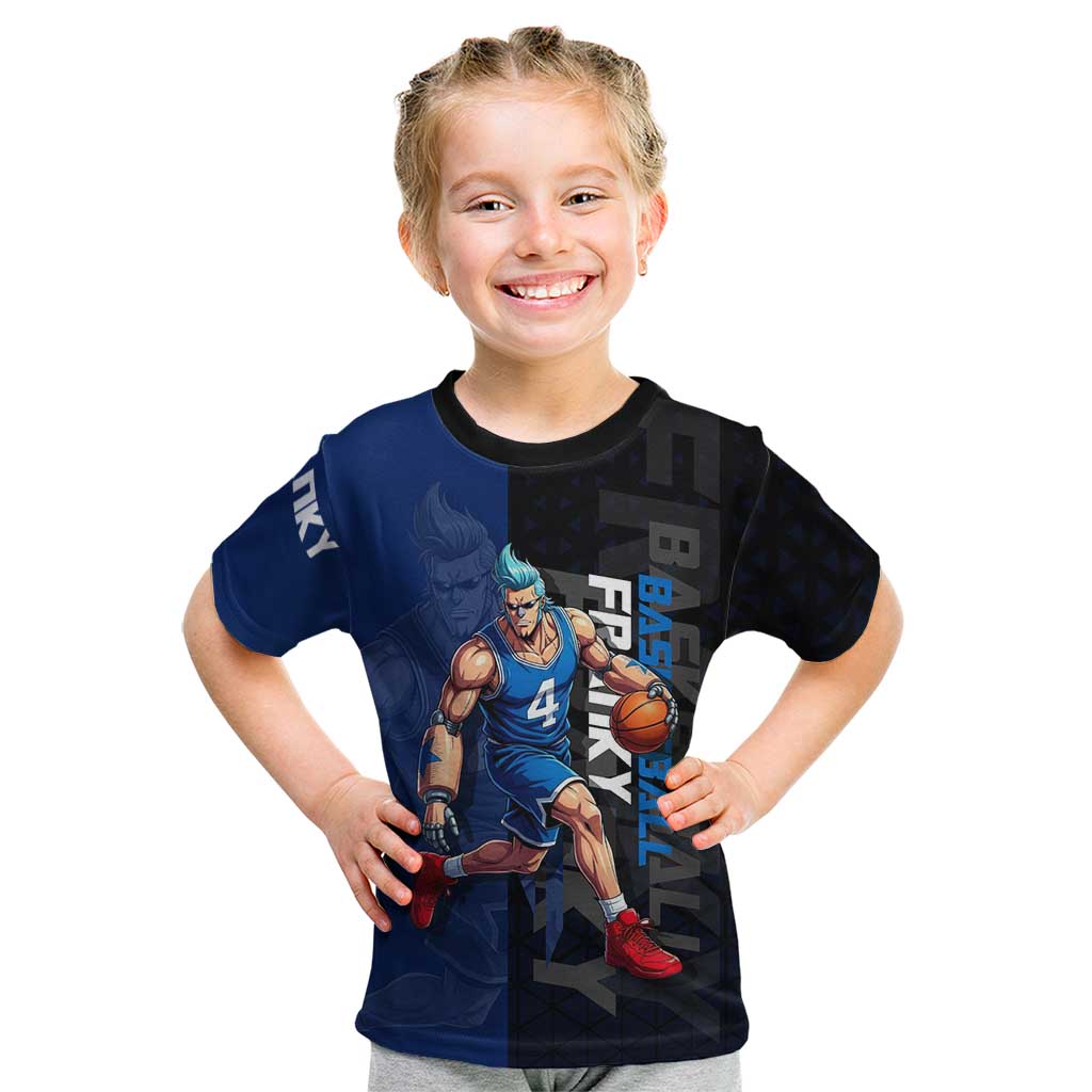 Franky One Piece Basketball Crossover Design Kid T Shirt with Blue Uniform and Mechanical Arm Action Pose - The Mazicc
