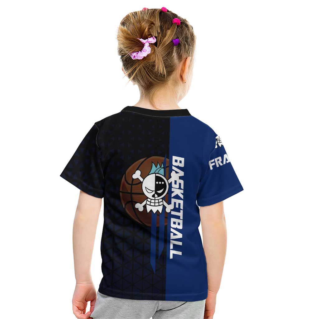Franky One Piece Basketball Crossover Design Kid T Shirt with Blue Uniform and Mechanical Arm Action Pose - The Mazicc