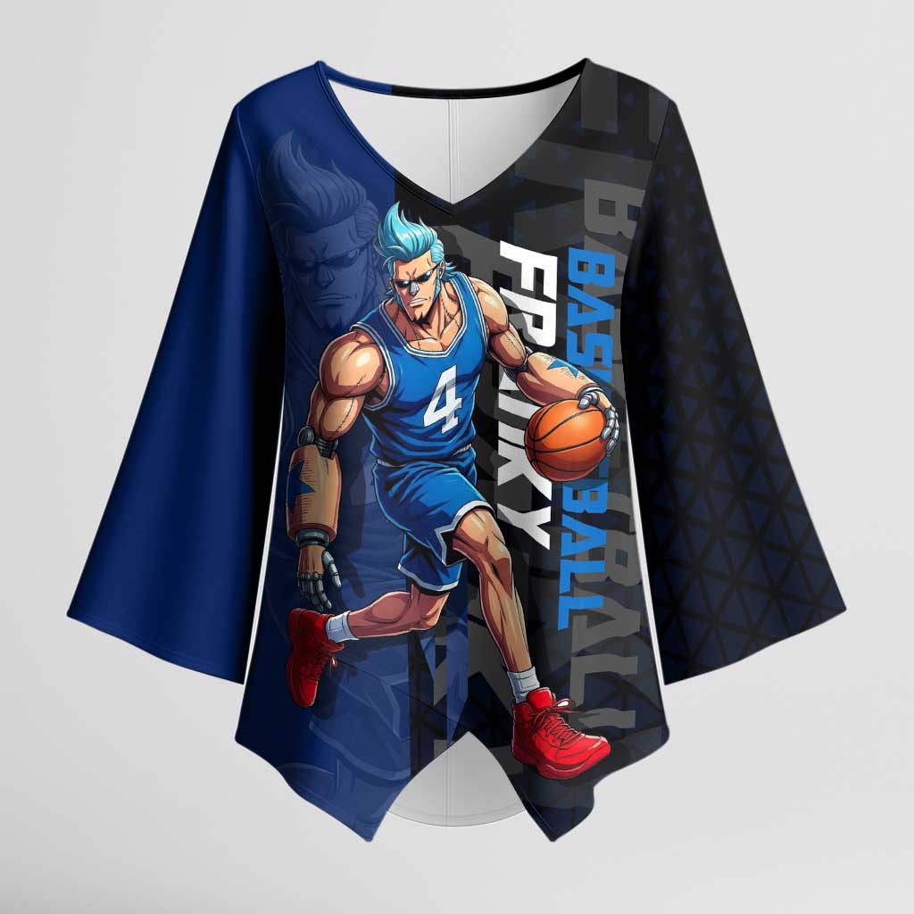 Franky One Piece Basketball Crossover Design Kimono Sleeve Blouse with Blue Uniform and Mechanical Arm Action Pose - The Mazicc
