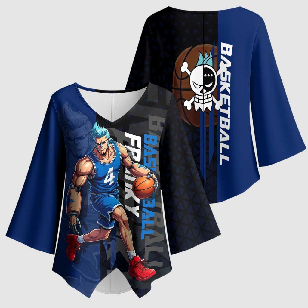 Franky One Piece Basketball Crossover Design Kimono Sleeve Blouse with Blue Uniform and Mechanical Arm Action Pose - The Mazicc