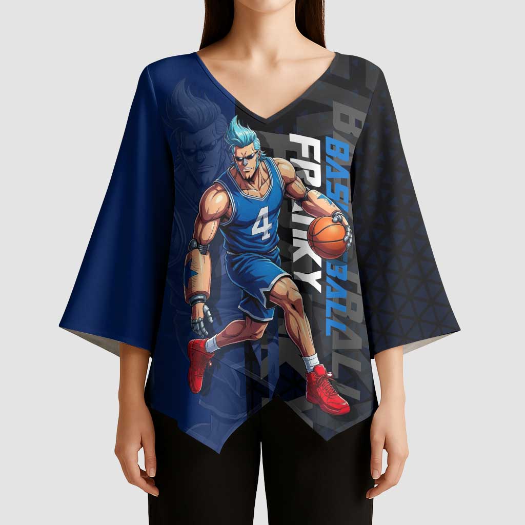 Franky One Piece Basketball Crossover Design Kimono Sleeve Blouse with Blue Uniform and Mechanical Arm Action Pose - The Mazicc