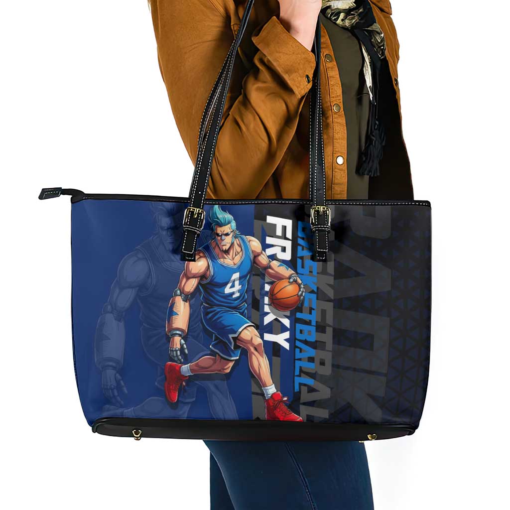 Franky One Piece Basketball Crossover Design Leather Tote Bag with Blue Uniform and Mechanical Arm Action Pose - The Mazicc