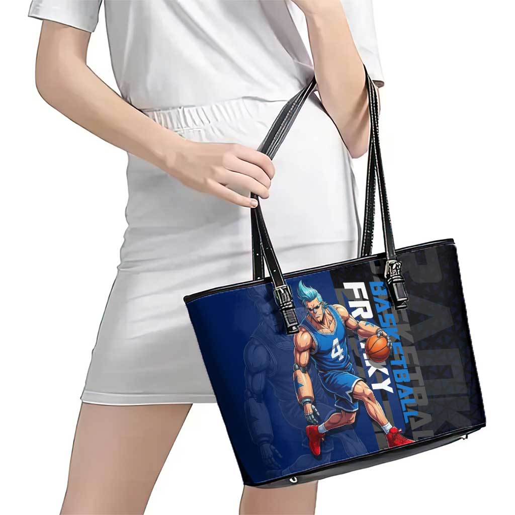 Franky One Piece Basketball Crossover Design Leather Tote Bag with Blue Uniform and Mechanical Arm Action Pose - The Mazicc