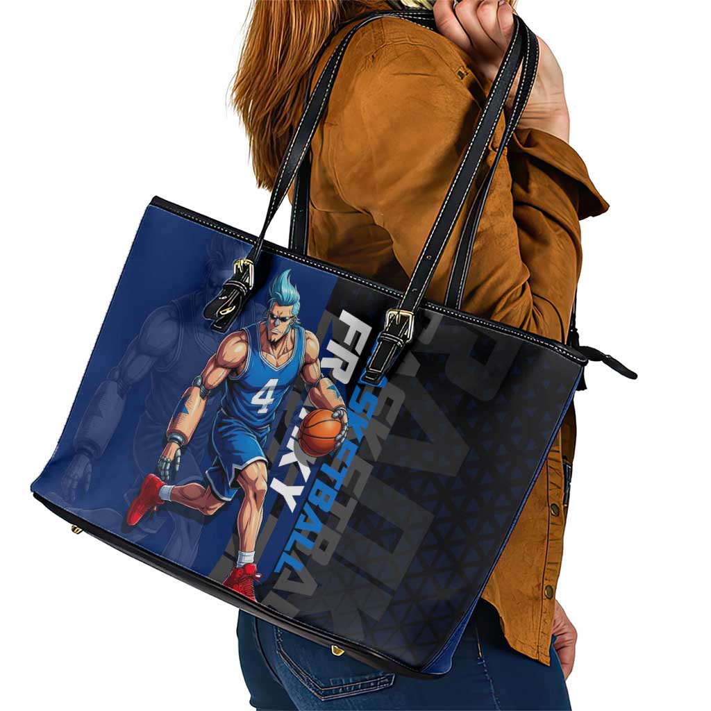 Franky One Piece Basketball Crossover Design Leather Tote Bag with Blue Uniform and Mechanical Arm Action Pose - The Mazicc