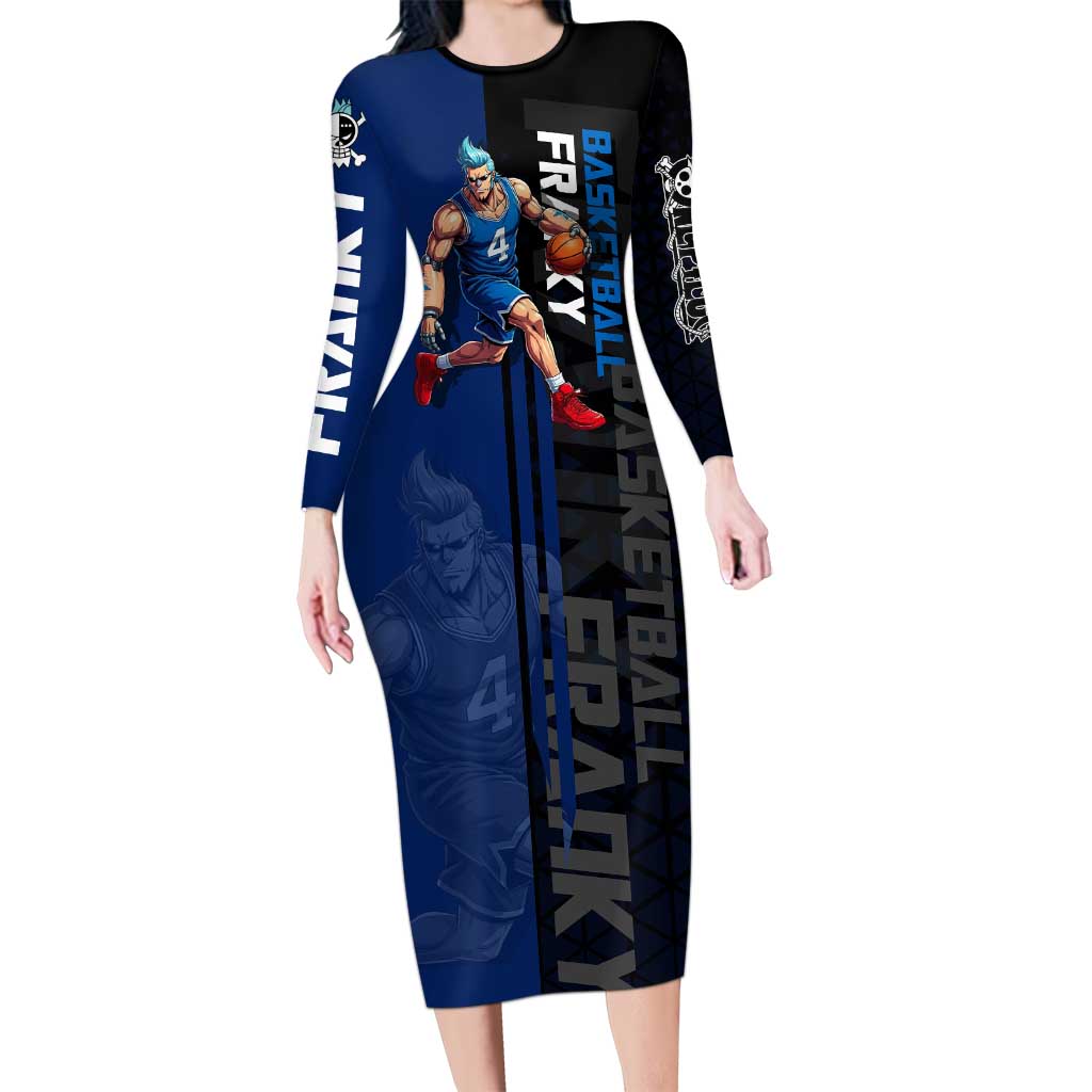 Franky One Piece Basketball Crossover Design Long Sleeve Bodycon Dress with Blue Uniform and Mechanical Arm Action Pose - The Mazicc