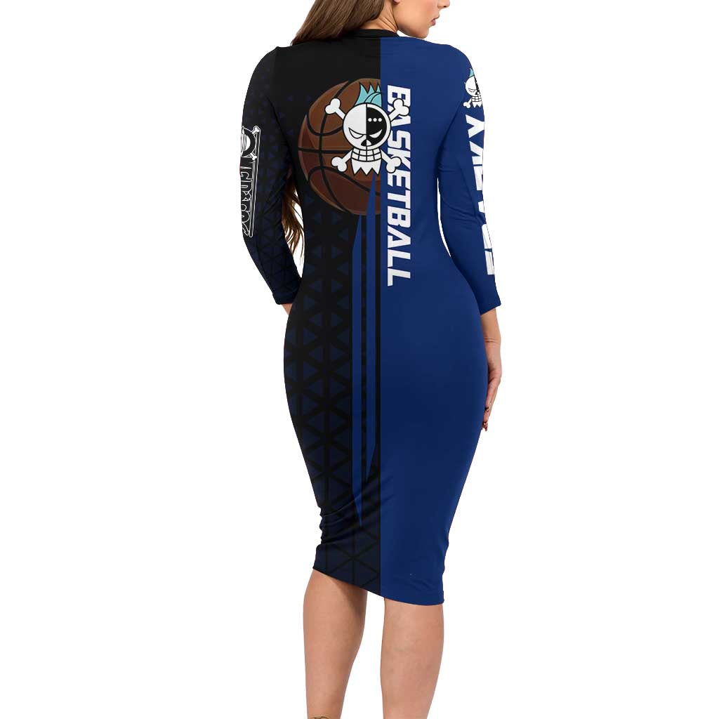 Franky One Piece Basketball Crossover Design Long Sleeve Bodycon Dress with Blue Uniform and Mechanical Arm Action Pose - The Mazicc