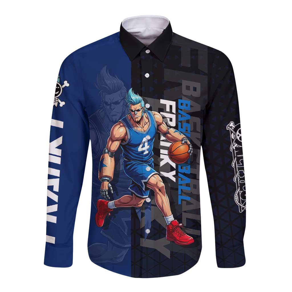 Franky One Piece Basketball Crossover Design Long Sleeve Button Shirt with Blue Uniform and Mechanical Arm Action Pose - The Mazicc