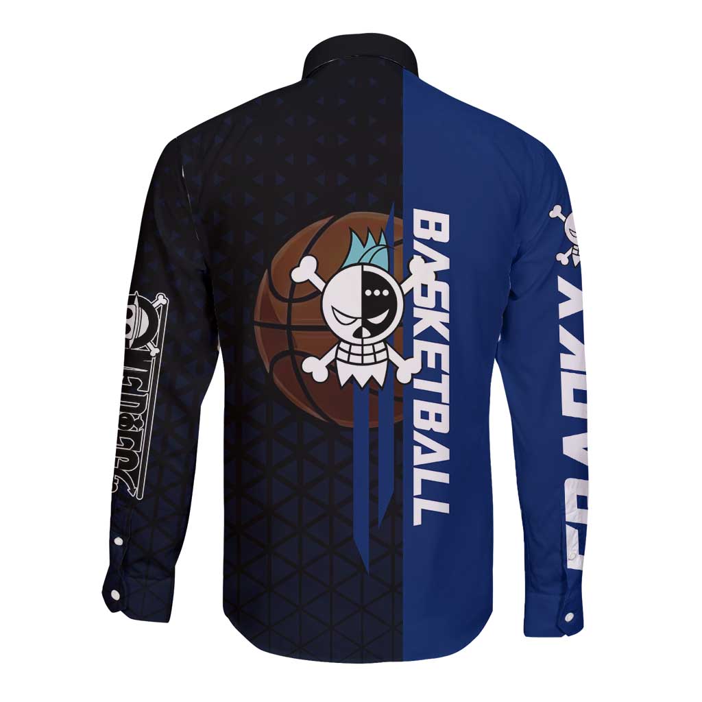 Franky One Piece Basketball Crossover Design Long Sleeve Button Shirt with Blue Uniform and Mechanical Arm Action Pose - The Mazicc