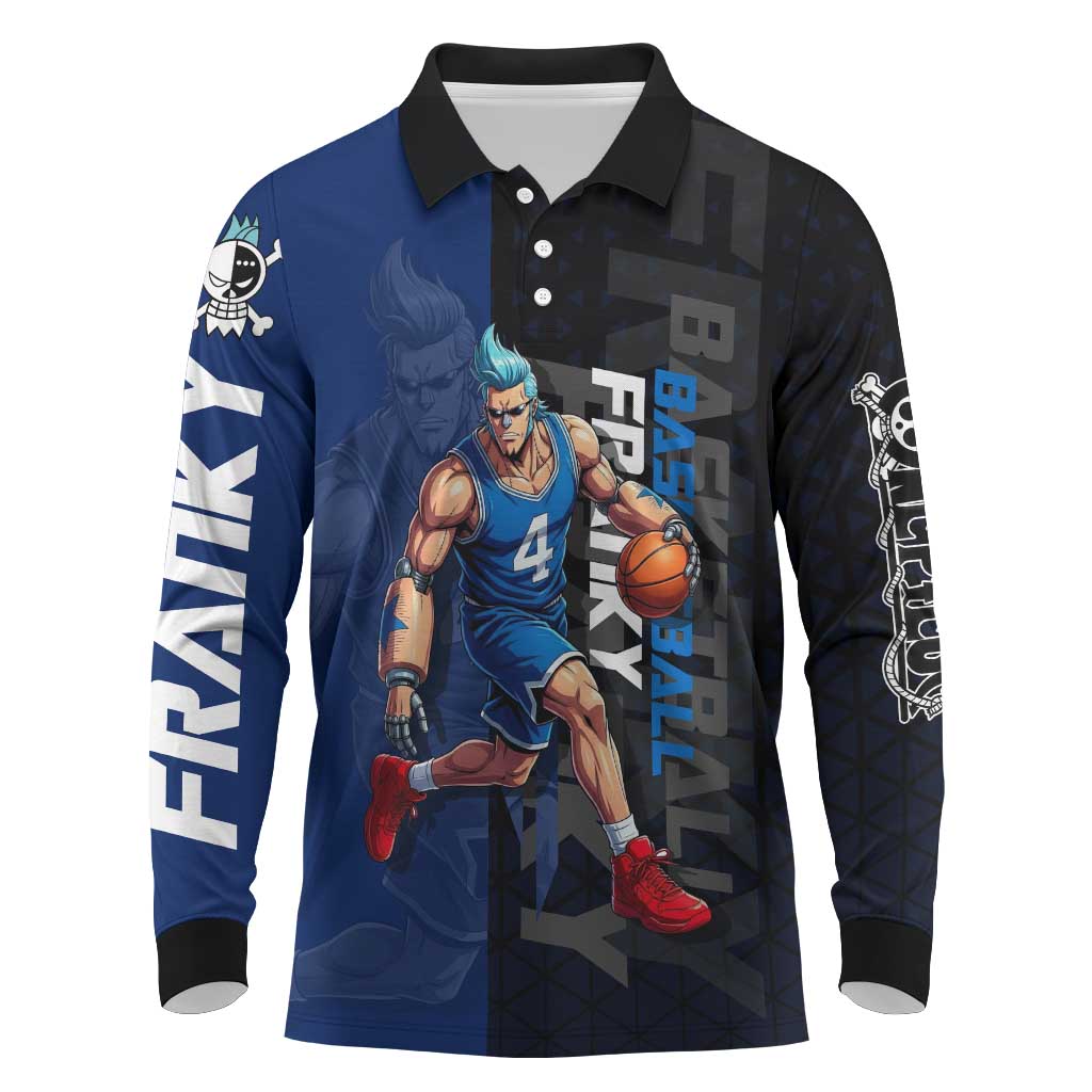 Franky One Piece Basketball Crossover Design Long Sleeve Polo Shirt with Blue Uniform and Mechanical Arm Action Pose - The Mazicc