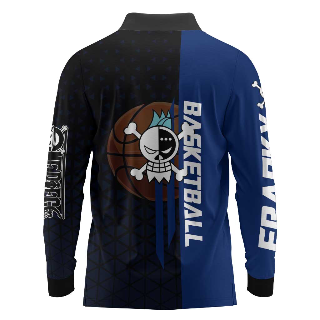 Franky One Piece Basketball Crossover Design Long Sleeve Polo Shirt with Blue Uniform and Mechanical Arm Action Pose - The Mazicc