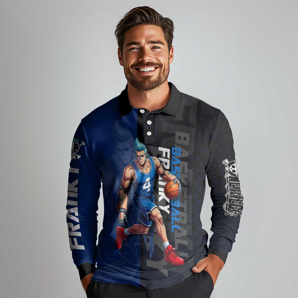 Franky One Piece Basketball Crossover Design Long Sleeve Polo Shirt with Blue Uniform and Mechanical Arm Action Pose - The Mazicc