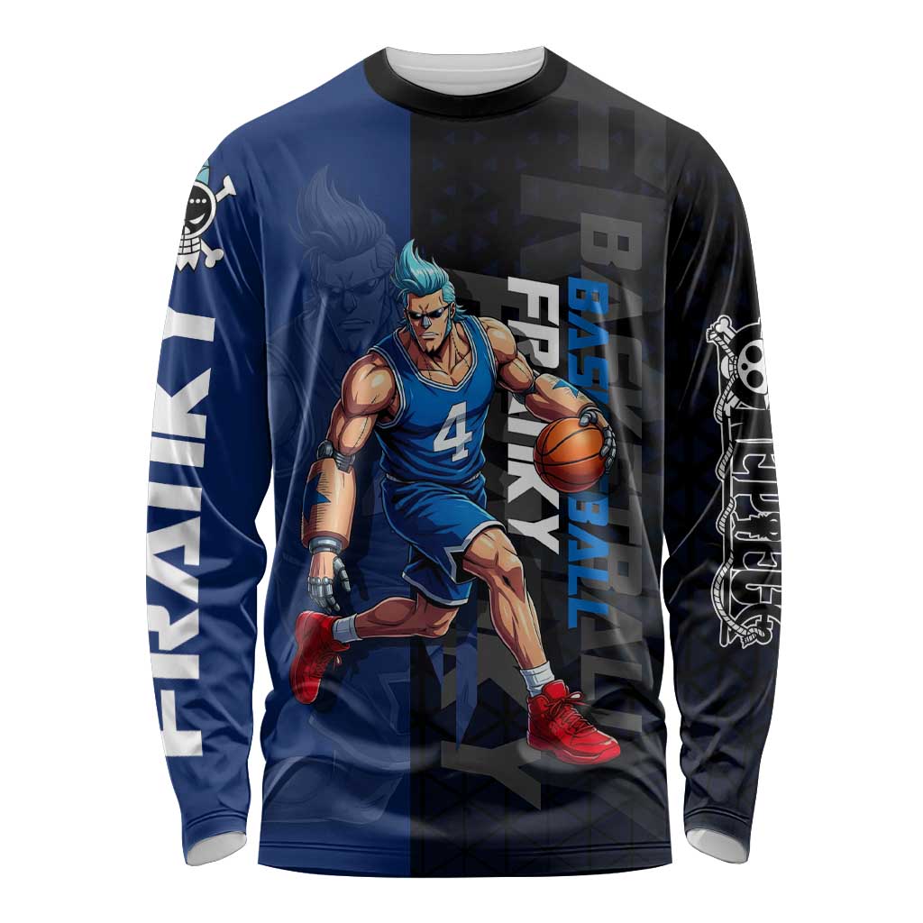 Franky One Piece Basketball Crossover Design Long Sleeve Shirt with Blue Uniform and Mechanical Arm Action Pose - The Mazicc