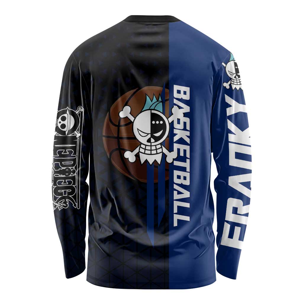 Franky One Piece Basketball Crossover Design Long Sleeve Shirt with Blue Uniform and Mechanical Arm Action Pose - The Mazicc