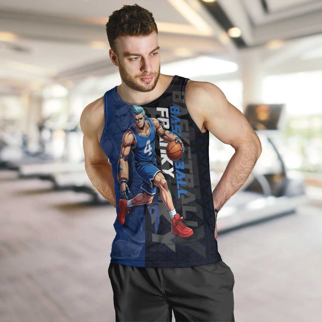 Franky One Piece Basketball Crossover Design Men Tank Top with Blue Uniform and Mechanical Arm Action Pose - The Mazicc