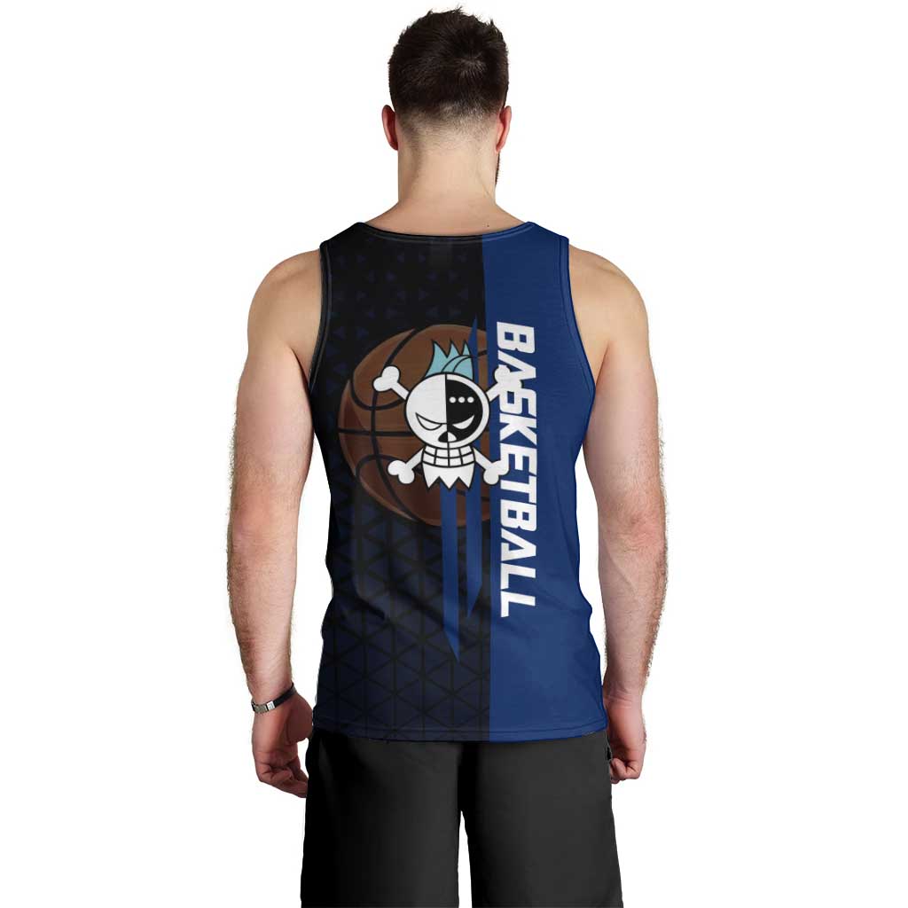 Franky One Piece Basketball Crossover Design Men Tank Top with Blue Uniform and Mechanical Arm Action Pose - The Mazicc