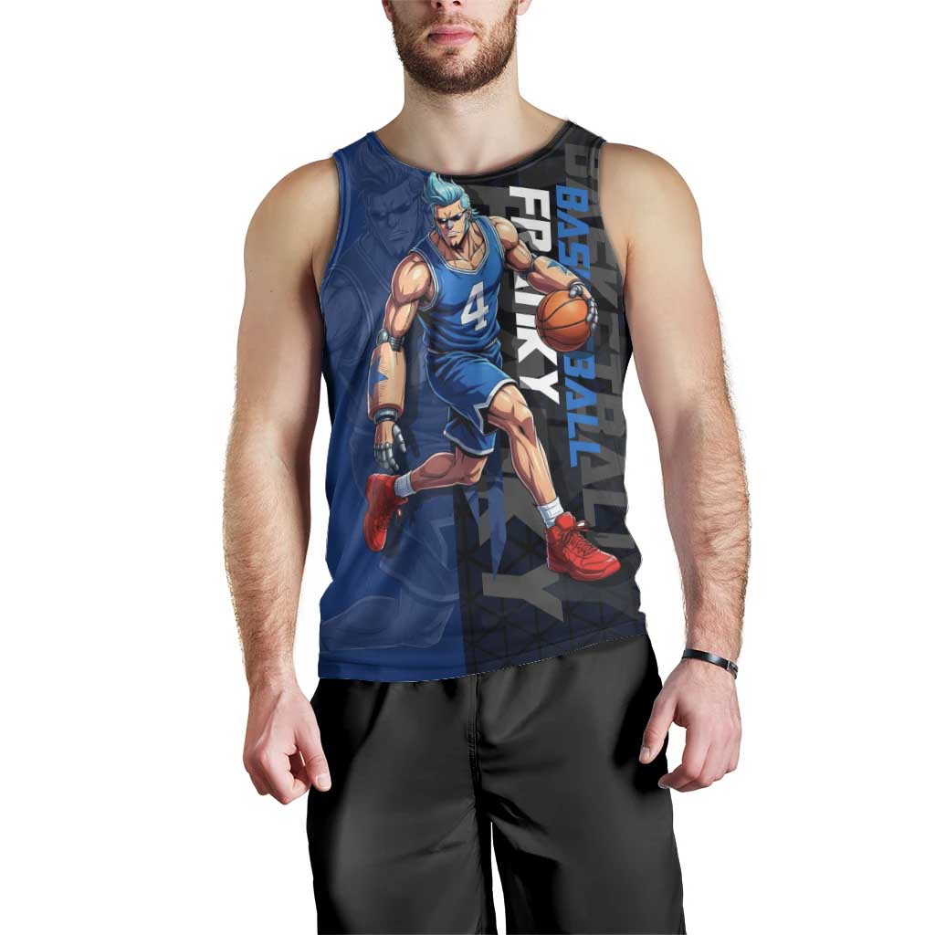 Franky One Piece Basketball Crossover Design Men Tank Top with Blue Uniform and Mechanical Arm Action Pose - The Mazicc