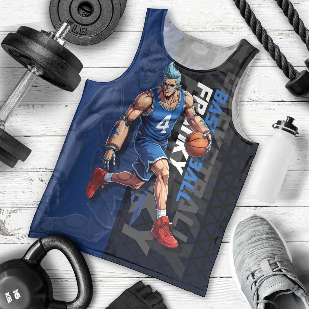 Franky One Piece Basketball Crossover Design Men Tank Top with Blue Uniform and Mechanical Arm Action Pose - The Mazicc