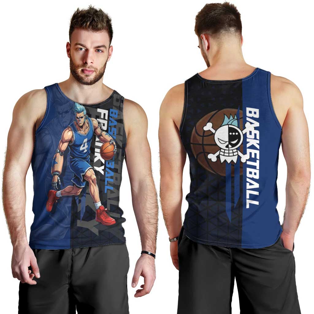Franky One Piece Basketball Crossover Design Men Tank Top with Blue Uniform and Mechanical Arm Action Pose - The Mazicc