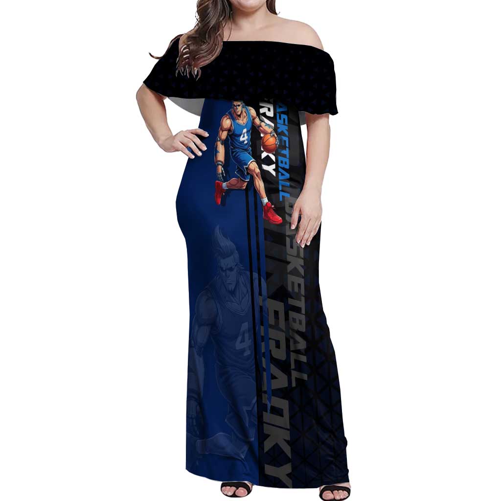 Franky One Piece Basketball Crossover Design Off Shoulder Maxi Dress with Blue Uniform and Mechanical Arm Action Pose - The Mazicc