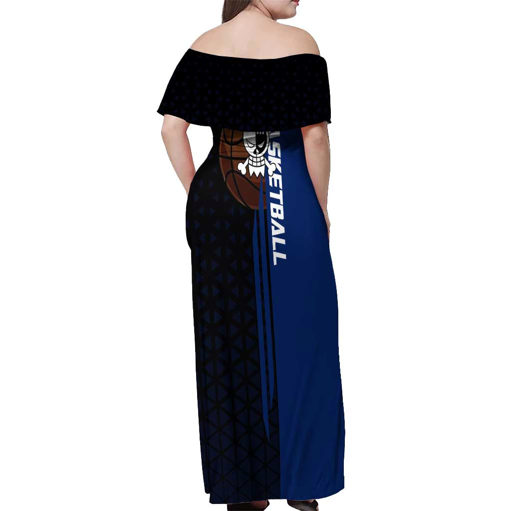 Franky One Piece Basketball Crossover Design Off Shoulder Maxi Dress with Blue Uniform and Mechanical Arm Action Pose - The Mazicc