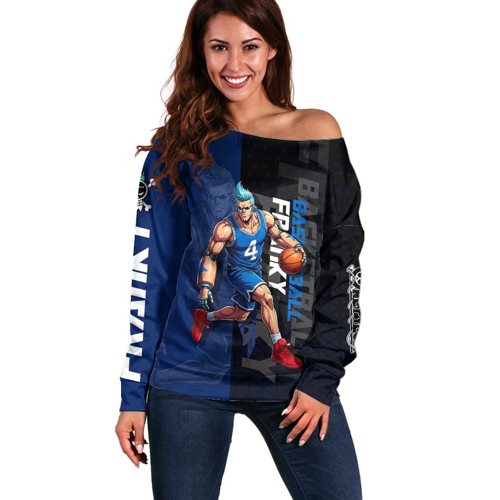 Franky One Piece Basketball Crossover Design Off Shoulder Sweater with Blue Uniform and Mechanical Arm Action Pose - The Mazicc
