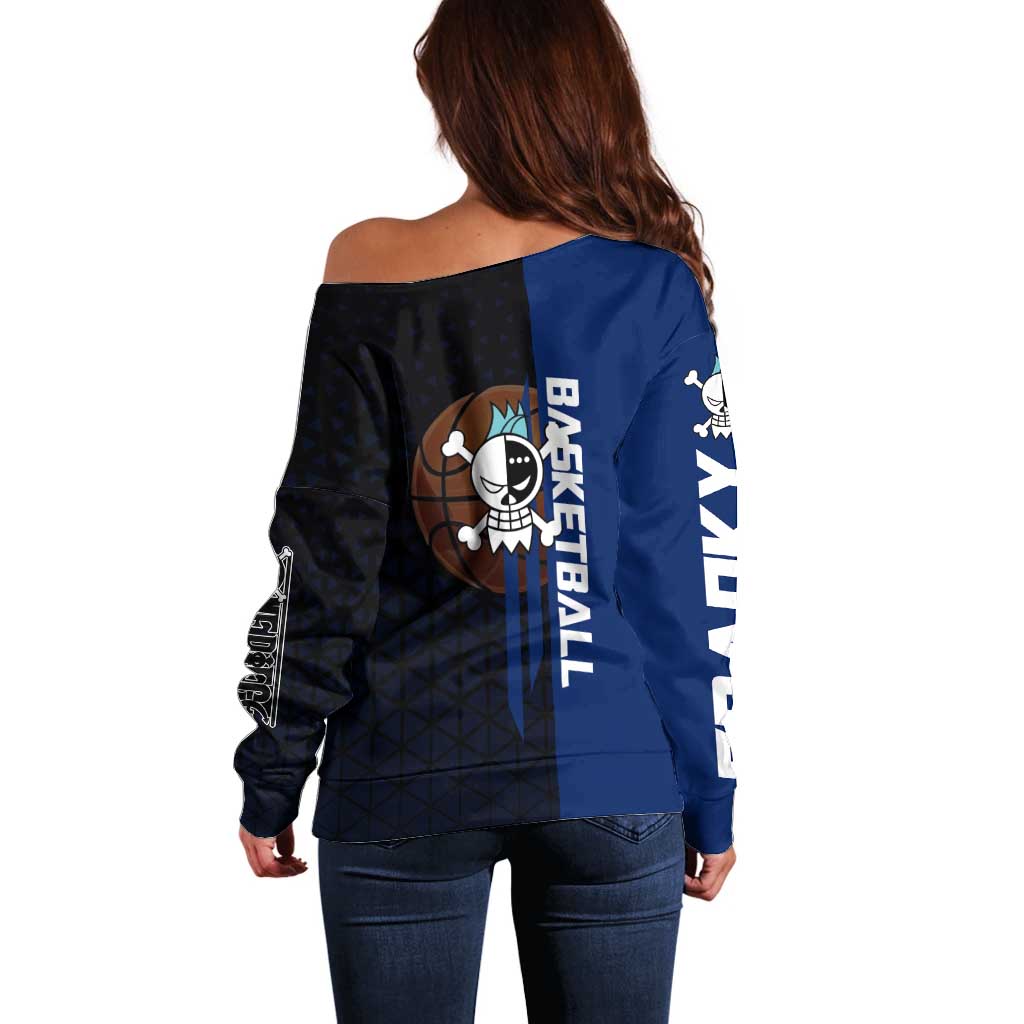 Franky One Piece Basketball Crossover Design Off Shoulder Sweater with Blue Uniform and Mechanical Arm Action Pose - The Mazicc