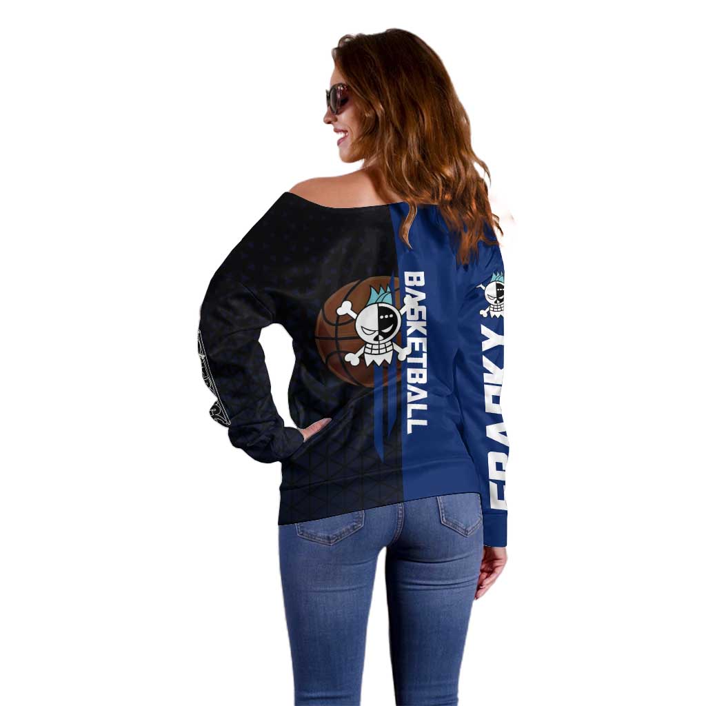 Franky One Piece Basketball Crossover Design Off Shoulder Sweater with Blue Uniform and Mechanical Arm Action Pose - The Mazicc