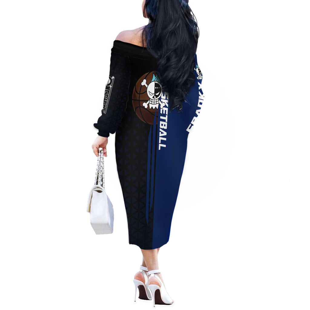 Franky One Piece Basketball Crossover Design Off The Shoulder Long Sleeve Dress with Blue Uniform and Mechanical Arm Action Pose - The Mazicc
