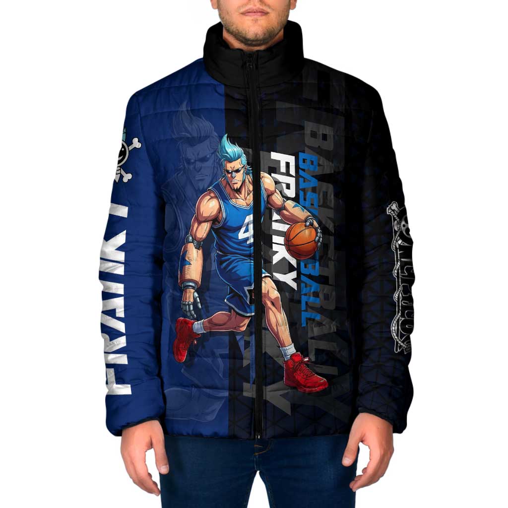 Franky One Piece Basketball Crossover Design Padded Jacket with Blue Uniform and Mechanical Arm Action Pose - The Mazicc