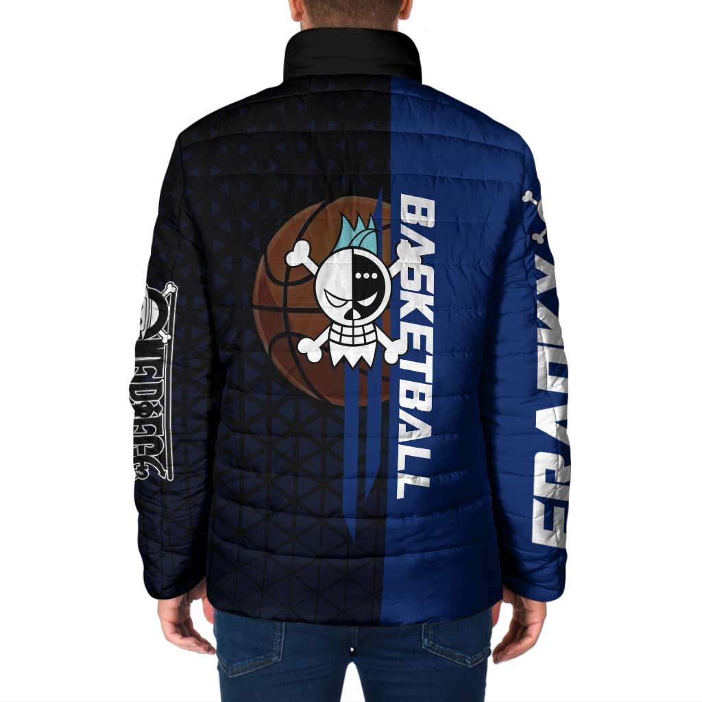 Franky One Piece Basketball Crossover Design Padded Jacket with Blue Uniform and Mechanical Arm Action Pose - The Mazicc