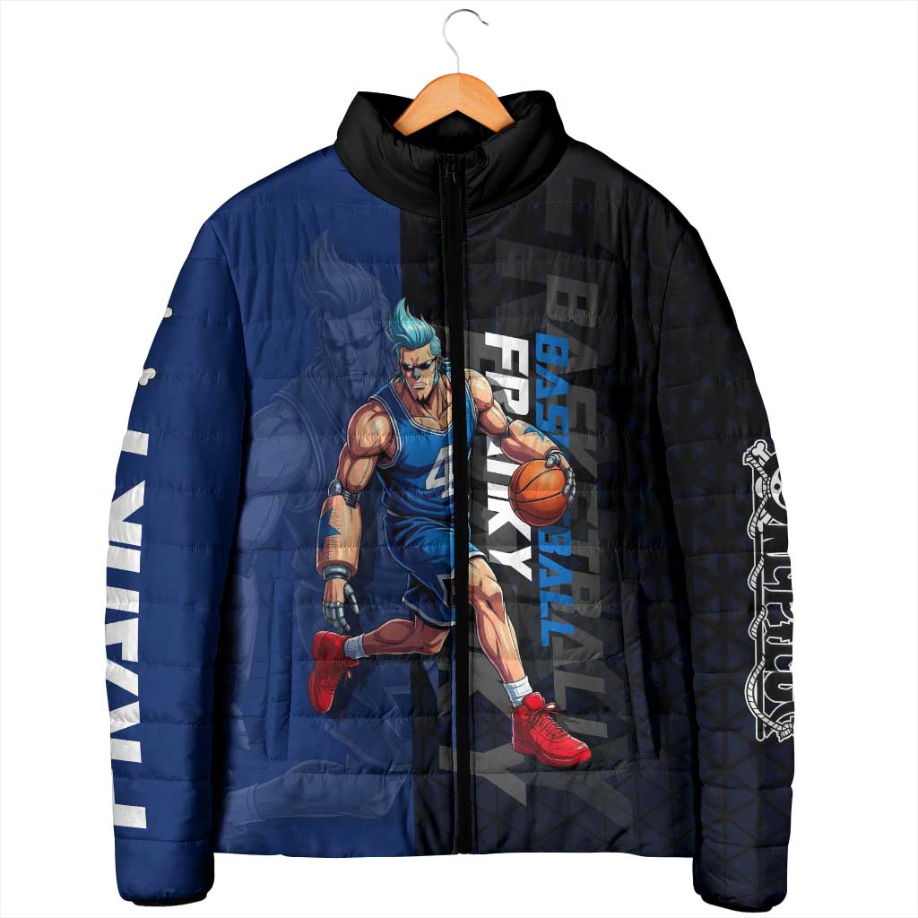 Franky One Piece Basketball Crossover Design Padded Jacket with Blue Uniform and Mechanical Arm Action Pose - The Mazicc