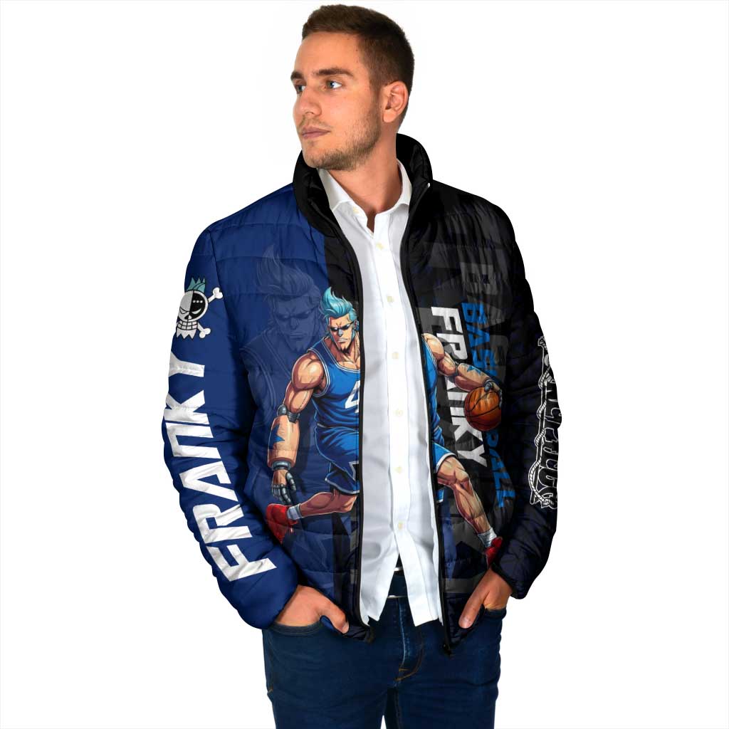 Franky One Piece Basketball Crossover Design Padded Jacket with Blue Uniform and Mechanical Arm Action Pose - The Mazicc