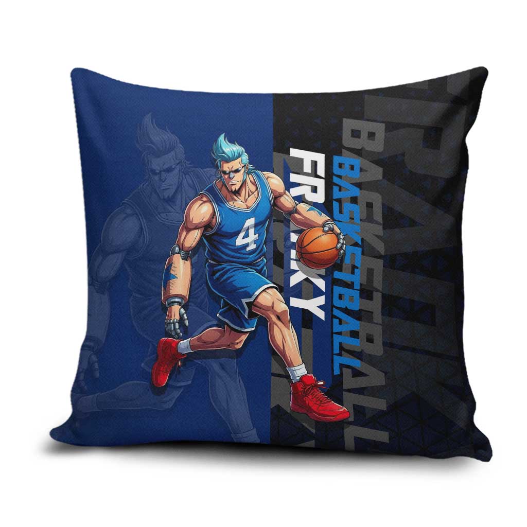 Franky One Piece Basketball Crossover Design Pillow Cover with Blue Uniform and Mechanical Arm Action Pose - The Mazicc