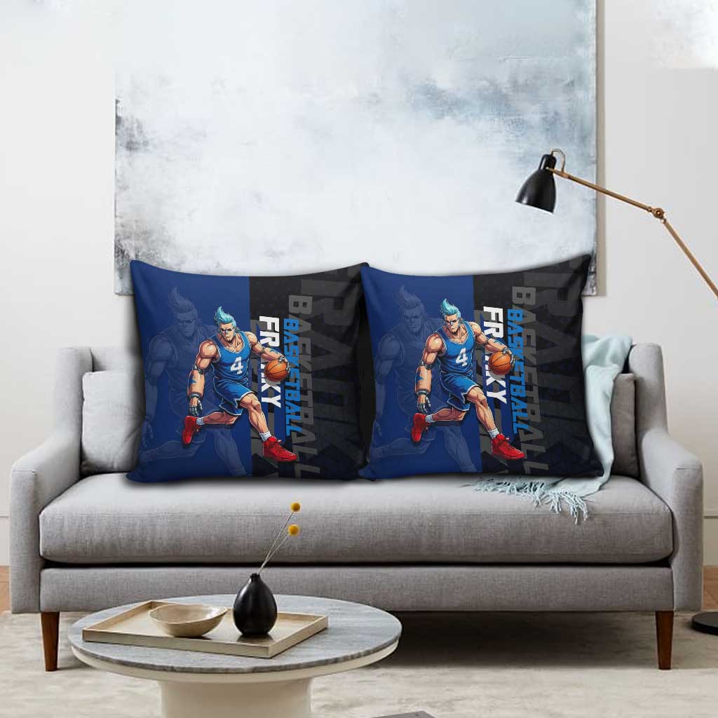 Franky One Piece Basketball Crossover Design Pillow Cover with Blue Uniform and Mechanical Arm Action Pose - The Mazicc