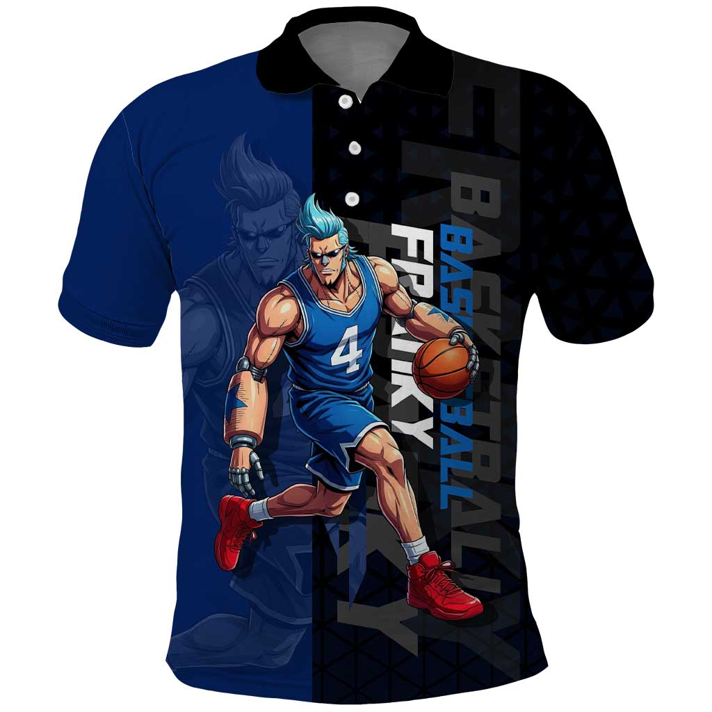 Franky One Piece Basketball Crossover Design Polo Shirt with Blue Uniform and Mechanical Arm Action Pose - The Mazicc