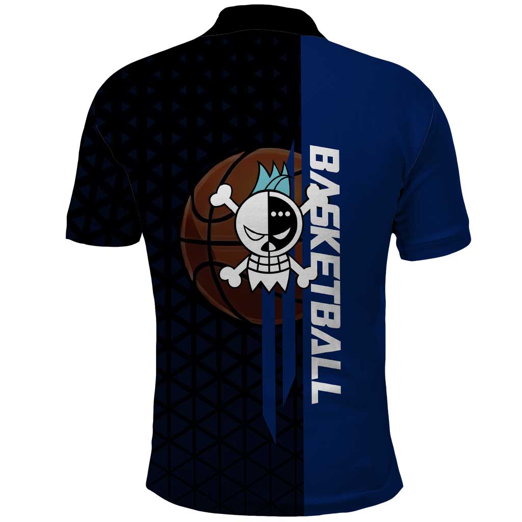 Franky One Piece Basketball Crossover Design Polo Shirt with Blue Uniform and Mechanical Arm Action Pose - The Mazicc