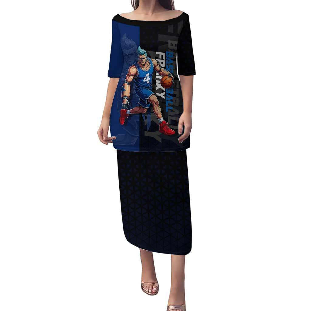 Franky One Piece Basketball Crossover Design Puletasi with Blue Uniform and Mechanical Arm Action Pose - The Mazicc