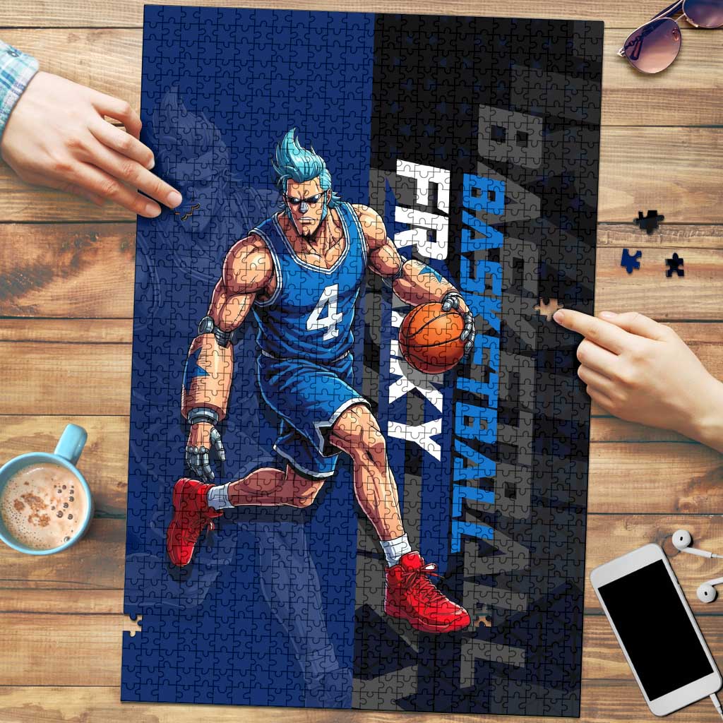 Franky One Piece Basketball Crossover Design Puzzle with Blue Uniform and Mechanical Arm Action Pose - The Mazicc