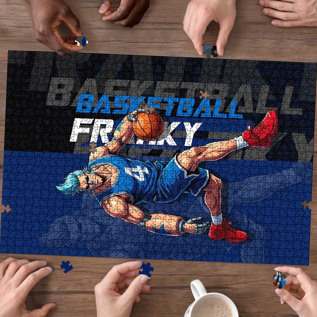 Franky One Piece Basketball Crossover Design Puzzle with Blue Uniform and Mechanical Arm Action Pose - The Mazicc